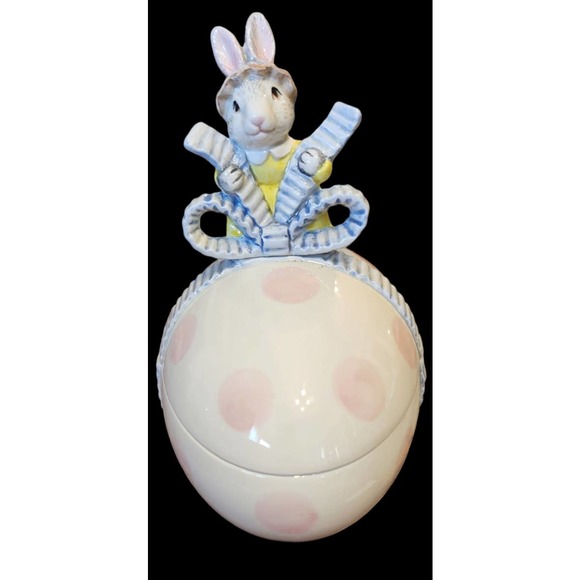 Vtg FITZ & FLOYD EASTER BUNNY RABBIT W/ PINK POLKA DOTS BOWL W/ LID - Picture 3 of 11